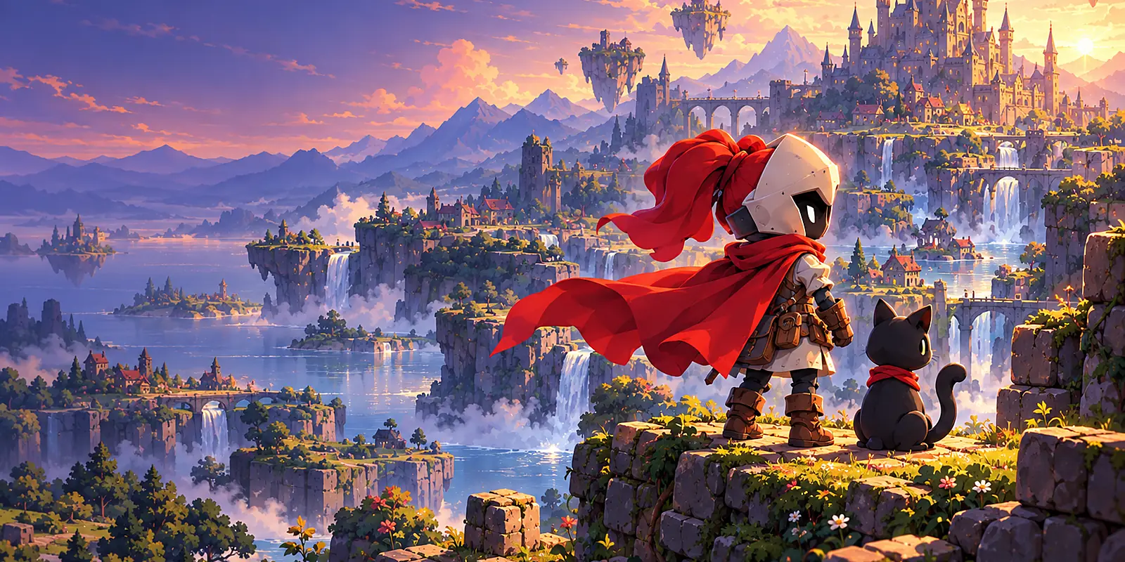 Makerllo, l’aventurière à la cape rouge, et son chat noir contemplent un royaume de cascades et de châteaux