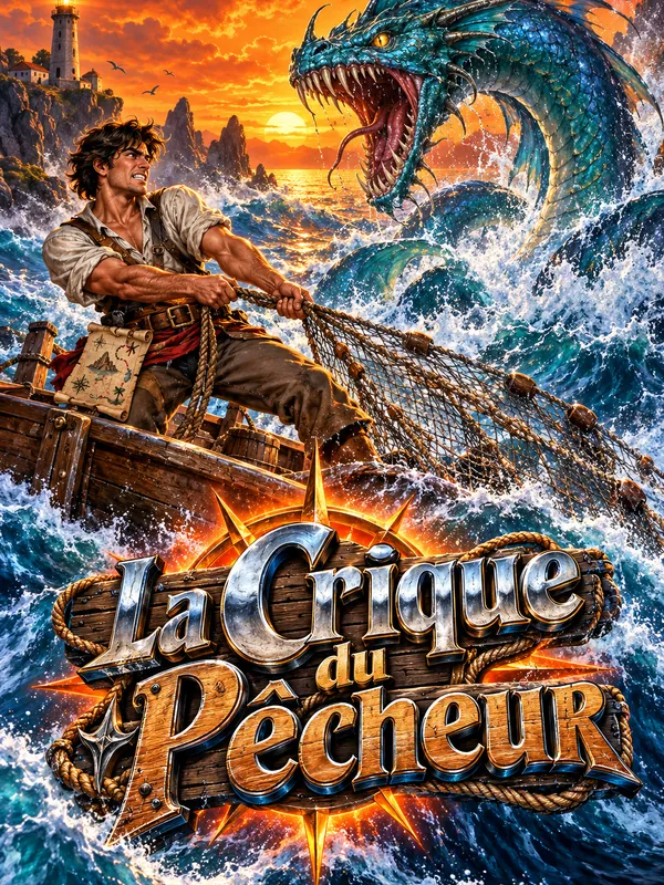 Illustration de la Crique du Pêcheur : ponton, barque et phare au coucher du soleil