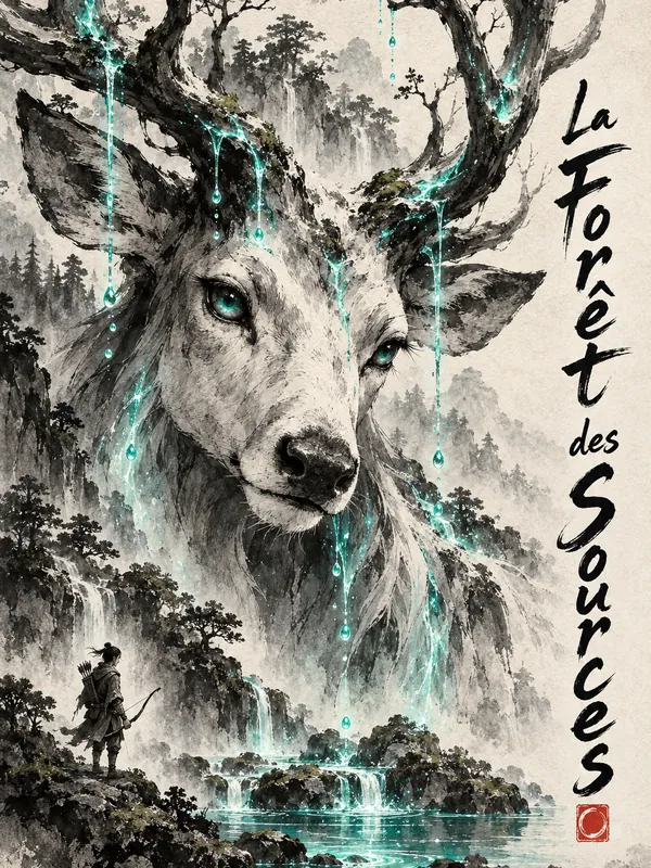 Illustration de la Forêt des Sources : une rôdeuse boit à une source lumineuse, veillée par un cerf esprit