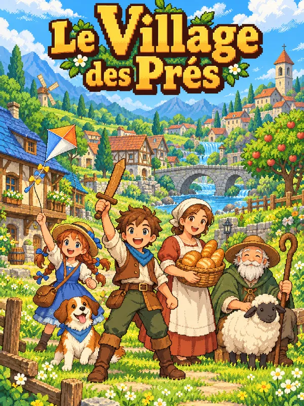 Illustration du Village des Prés : un jeune héros quitte le village, son pont de pierre et ses vergers